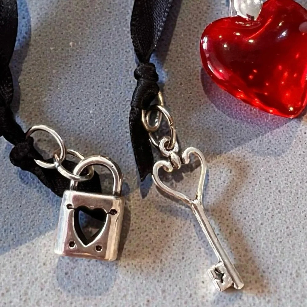 Glass Red Heart Pendant Necklace with Key and Lock Charm on Double Sided Satin